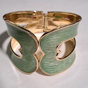 mint mossy green painted and gold tone clamp bracelet with heart cut outs
